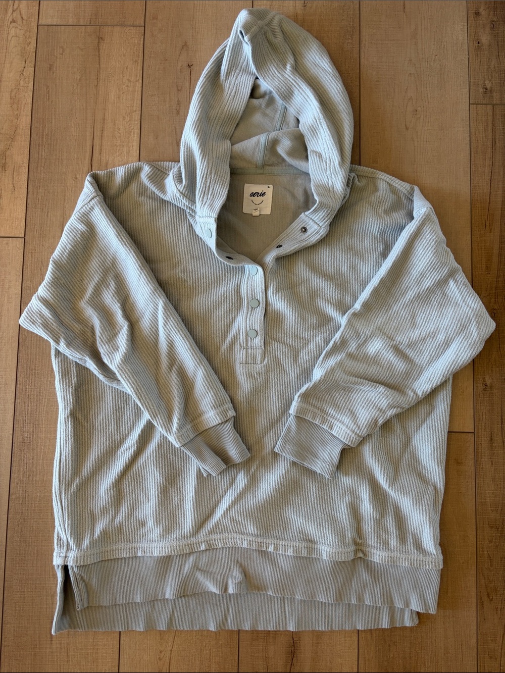 aerie Light Blue/Gray Waffle-Knit Hooded Pullover